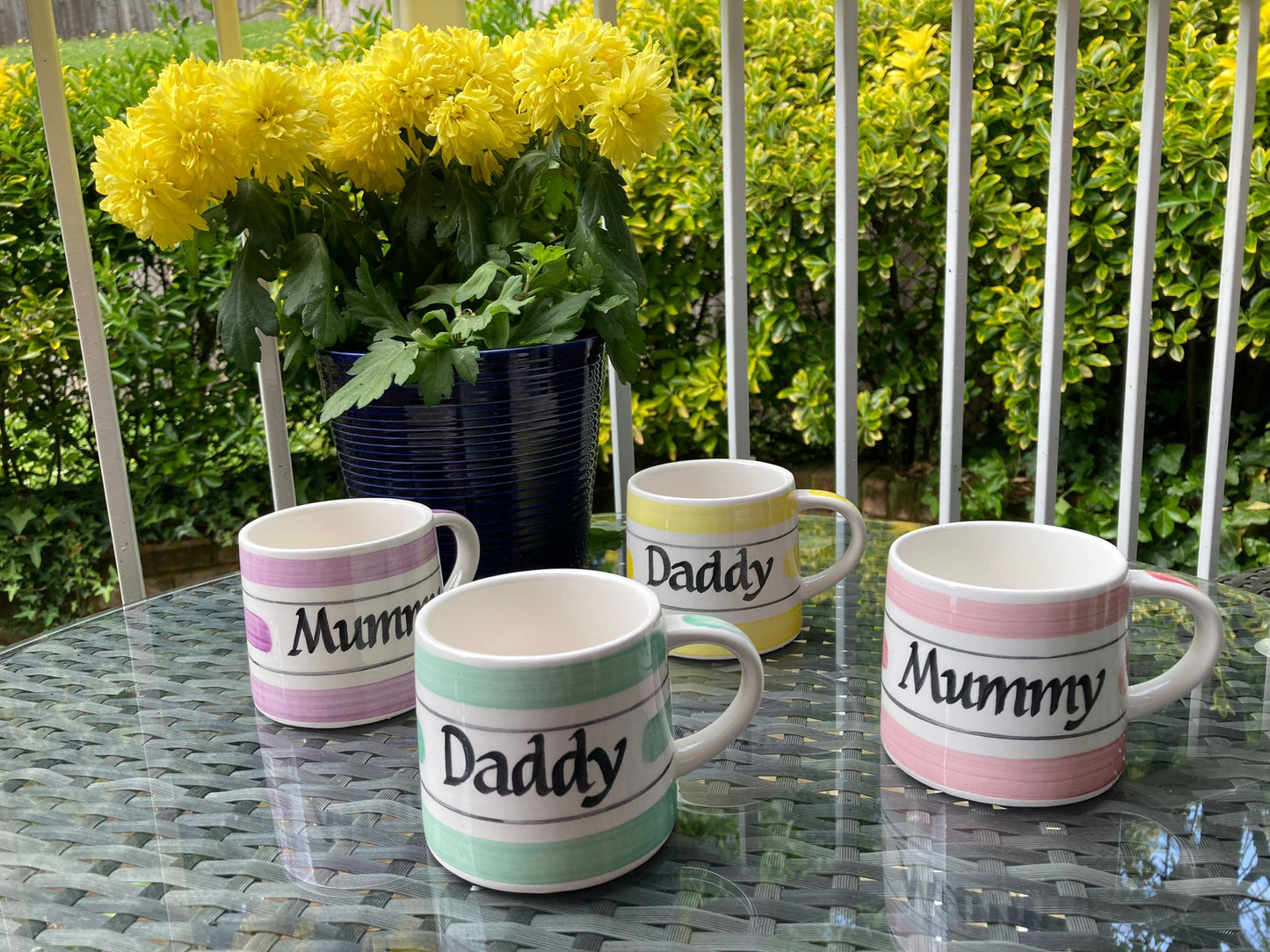 Purple hand painted striped personalised mugs