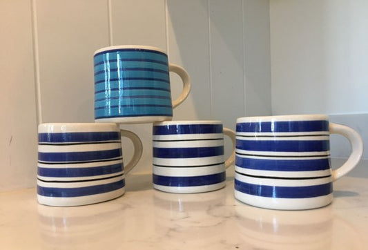 Hand painted striped mugs blue and white
