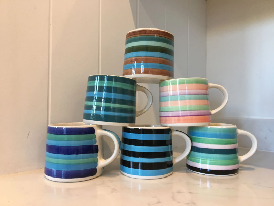 Hand painted striped mugs blue and white