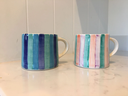 Hand painted striped mugs blue and white