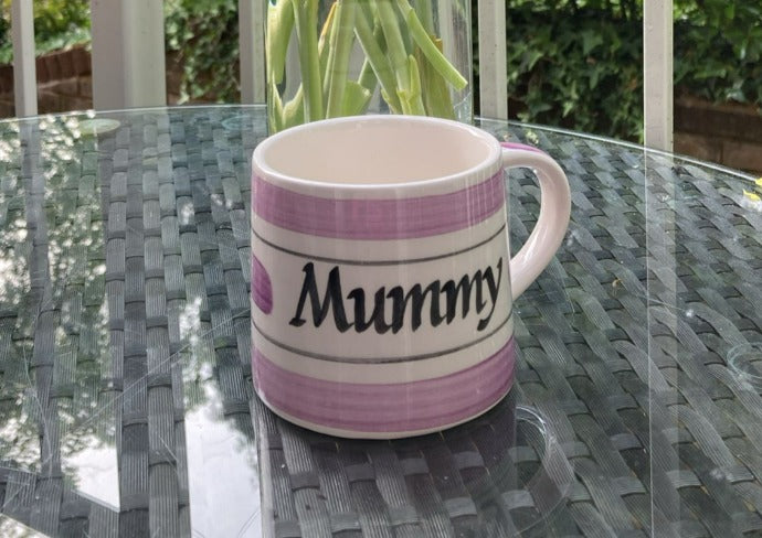 Purple hand painted striped personalised mugs