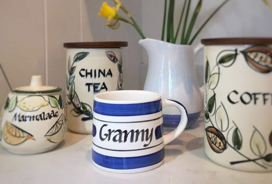 Blue hand painted personalised mugs