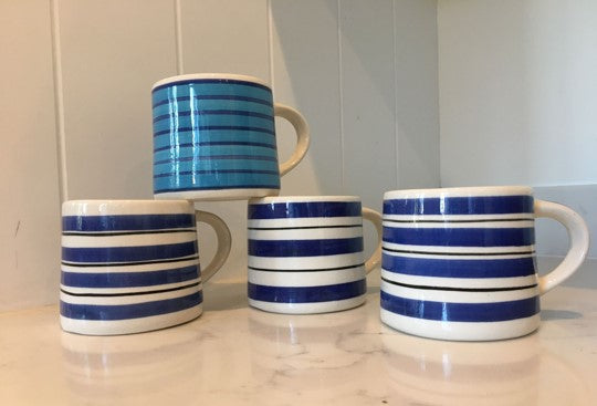 Hand painted striped mugs blue and white